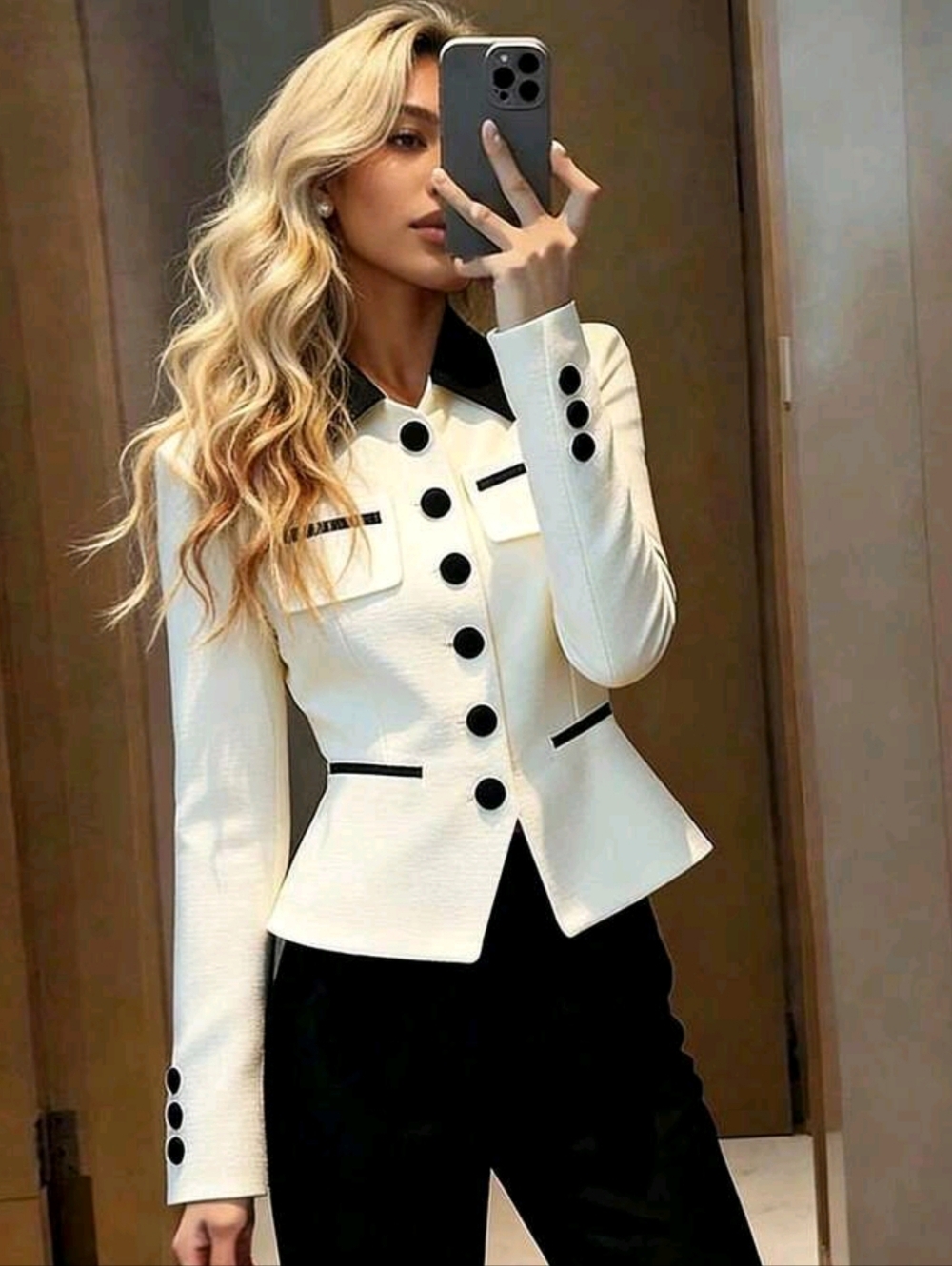 Elegant White & Black Trim Peplum Jacket